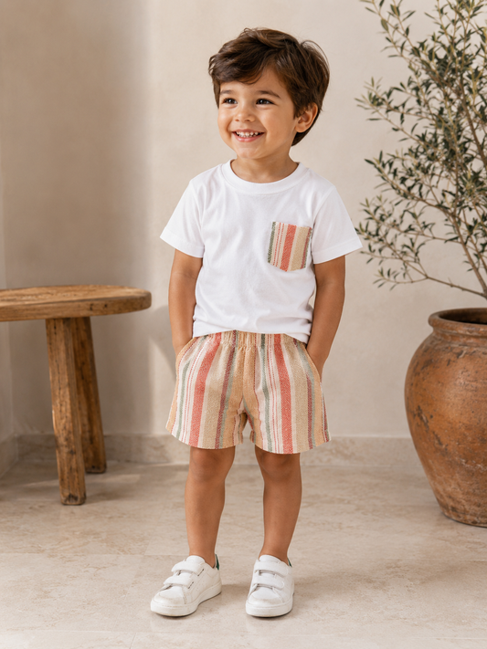 Conjunto Calção-TShirt (Riscas tons quentes)